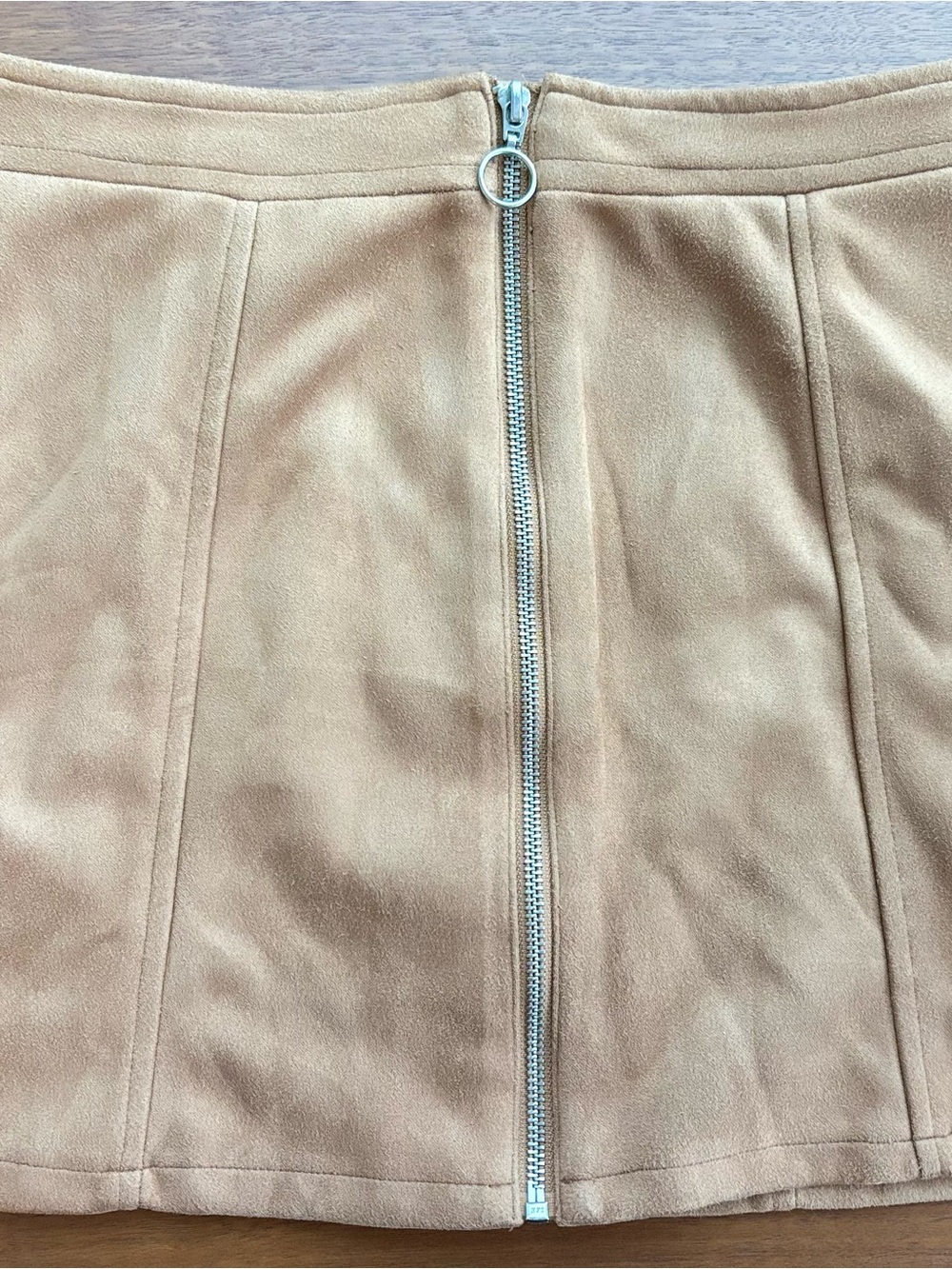 Zip-Front Mini Skirt in Camel Suede-Look